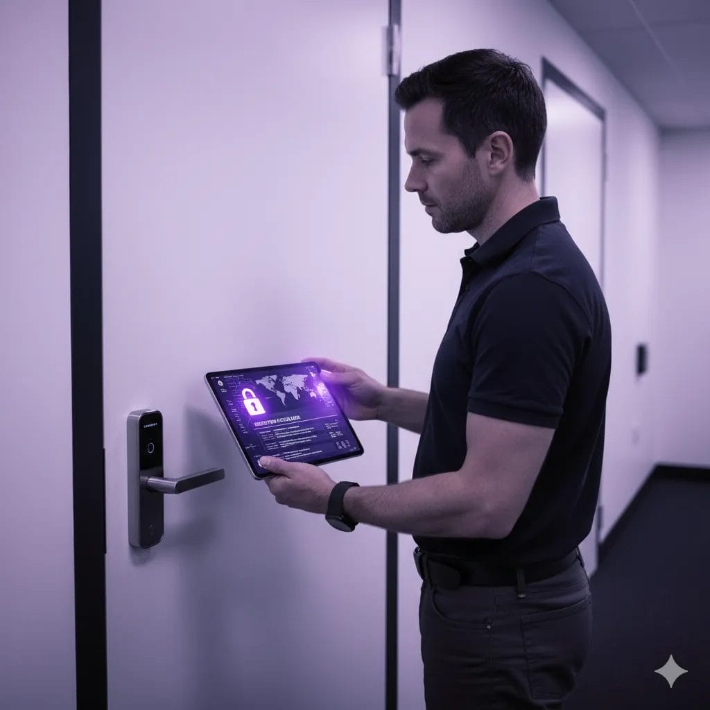 User managing IoT SIM cards through a digital dashboard in a modern office